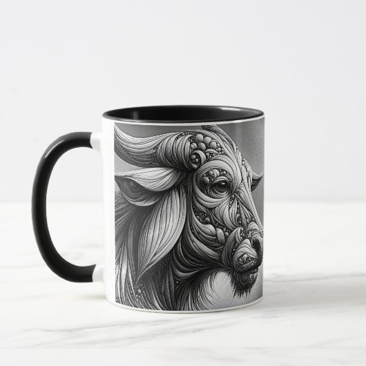 Portrait en noir et blanc d'un buffle stylisé. マグカップ (左)
