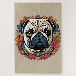 Portrait fleuri d'un carlin ジグソーパズル