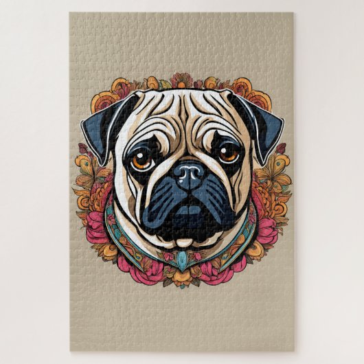 Portrait fleuri d'un carlin ジグソーパズル (縦)