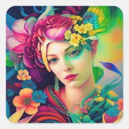 Portrait of a Woman Adorned with Flowers スクエアシール