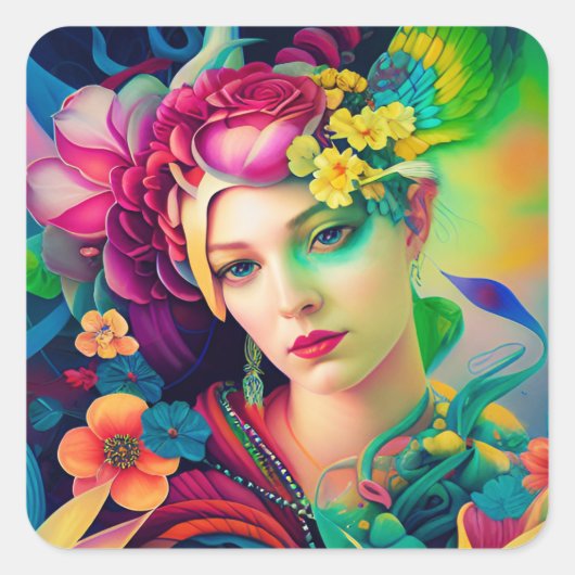 Portrait of a Woman Adorned with Flowers スクエアシール (正面)