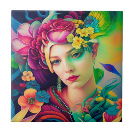 Portrait of a Woman Adorned with Flowers タイル