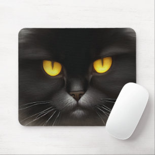 Portrait of Angry Fluffy Black Persian Cat Face マウスパッド