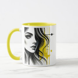Portrait stylisé noir et jaune d'une jeune femme. マグカップ