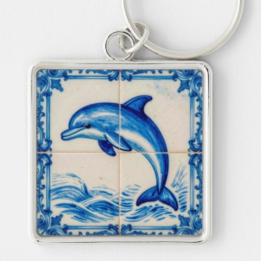Portugal Azulejo Dolphin Ceramic Tile Style Keycha キーホルダー (正面)