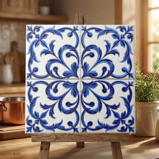 Portuguese Azulejo Blue and White Floral Scroll タイル