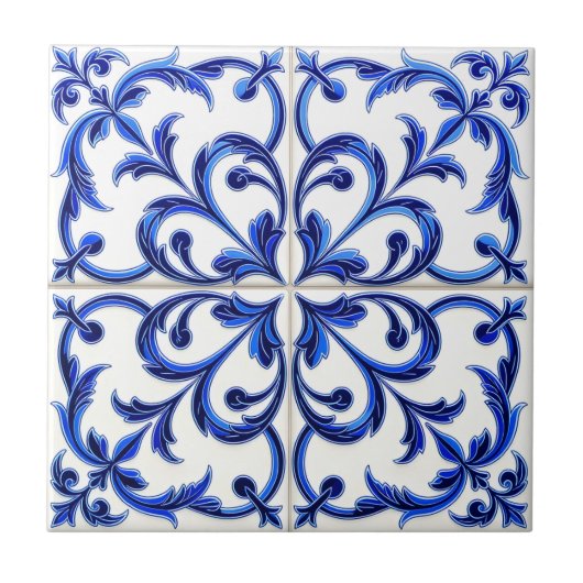 Portuguese Azulejo Blue and White Floral Scroll タイル (正面)