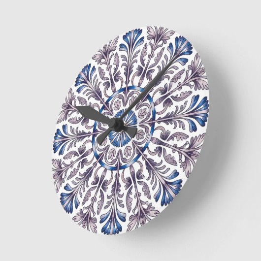 Portuguese Azulejo Blue Floral Pattern Wall Clock  ラウンド壁時計 (傾斜)