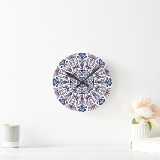 Portuguese Azulejo Blue Floral Pattern Wall Clock  ラウンド壁時計 (ホーム)