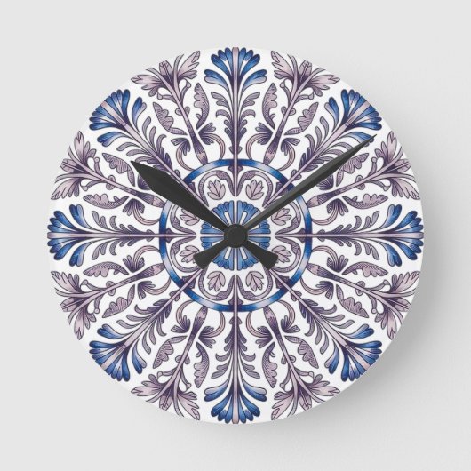 Portuguese Azulejo Blue Floral Pattern Wall Clock ラウンド壁時計 (正面)