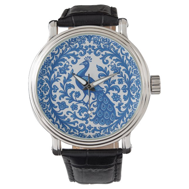 Portuguese Azulejo Peacock Watch – Blue & White Ti 腕時計 (正面)