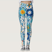 Portuguese Azulejo Tile Leggings – Blue & Yellow M レギンス (正面)