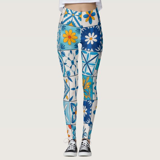 Portuguese Azulejo Tile Leggings – Blue & Yellow M レギンス (正面)