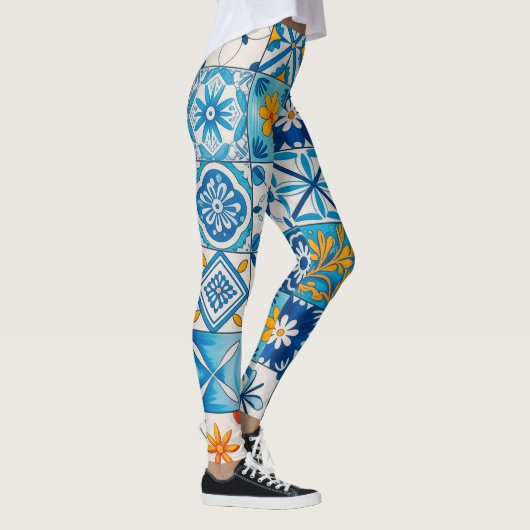 Portuguese Azulejo Tile Leggings – Blue & Yellow M レギンス (右)