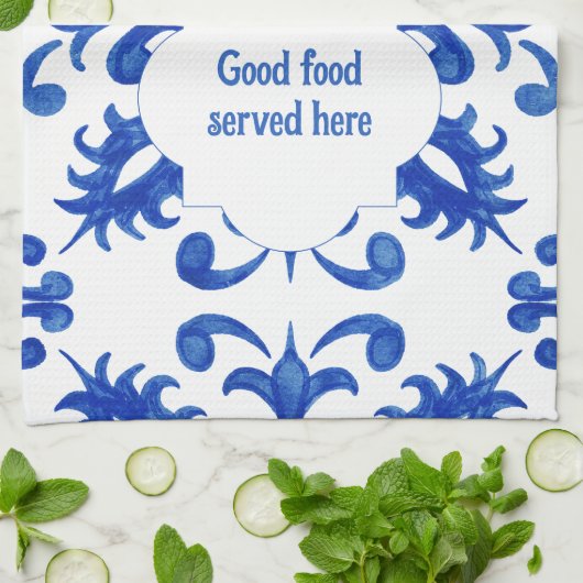 Portuguese Blue Tile central round medallion キッチンタオル (折り畳み)