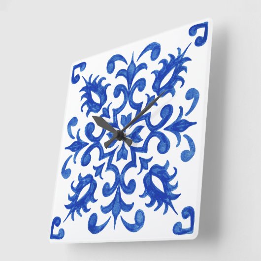 Portuguese Blue Tile central round medallion スクエア壁時計 (傾斜)