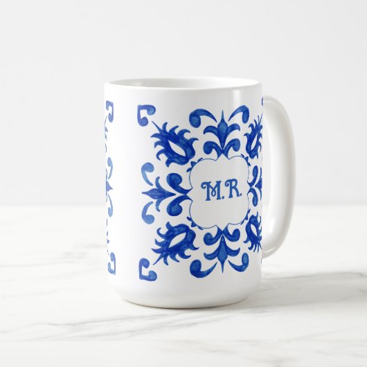 Portuguese Blue Tile Monogram コーヒーマグカップ (正面右)