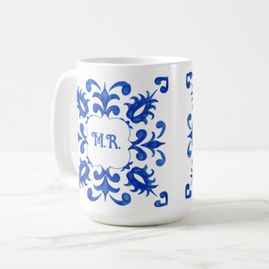 Portuguese Blue Tile Monogram コーヒーマグカップ (正面左)