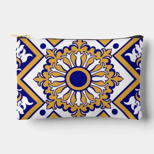 Portuguese Blue Yellow Mediterranean Floral アクセサリーポーチ (正面)