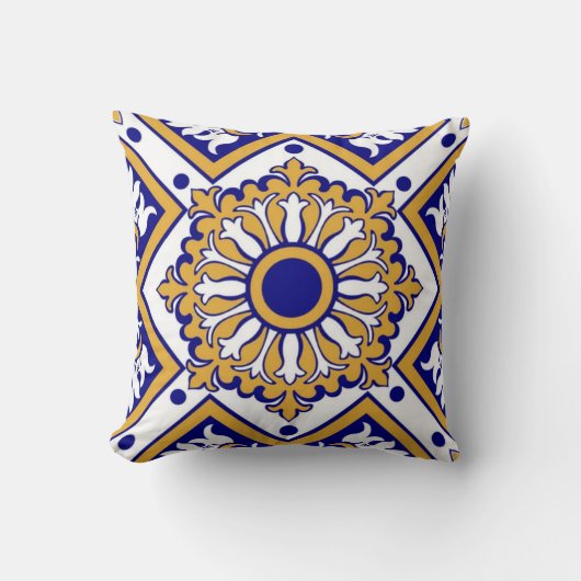 Portuguese Blue Yellow Mediterranean Floral  クッション (正面)