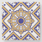 Portuguese Blue Yellow Mediterranean Floral ストーンコースター (正面)