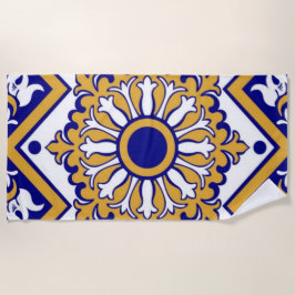Portuguese Blue Yellow Mediterranean Floral ビーチタオル