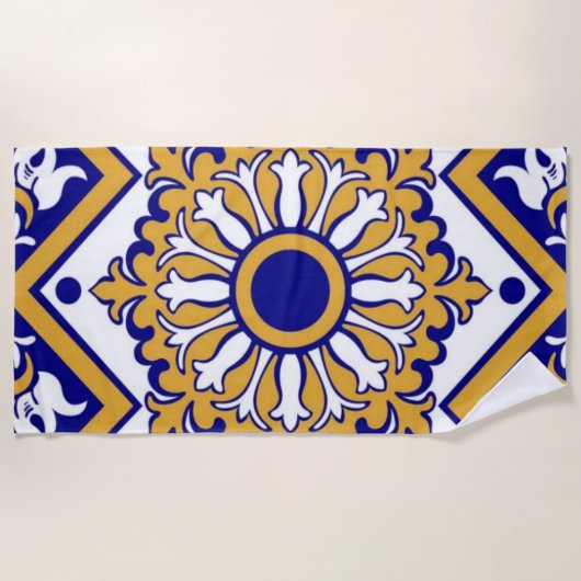 Portuguese Blue Yellow Mediterranean Floral  ビーチタオル (正面)