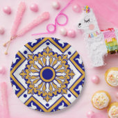 Portuguese Blue Yellow Mediterranean Floral ペーパープレート (パーティー)