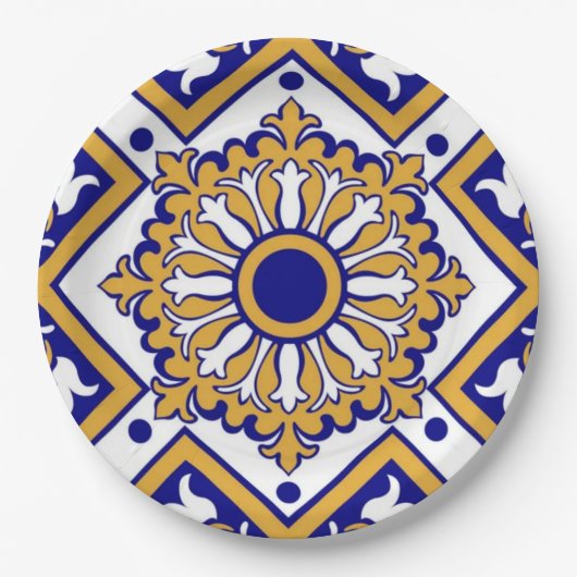 Portuguese Blue Yellow Mediterranean Floral ペーパープレート (正面)