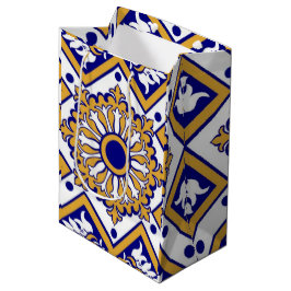 Portuguese Blue Yellow Mediterranean Floral ミディアムペーパーバッグ