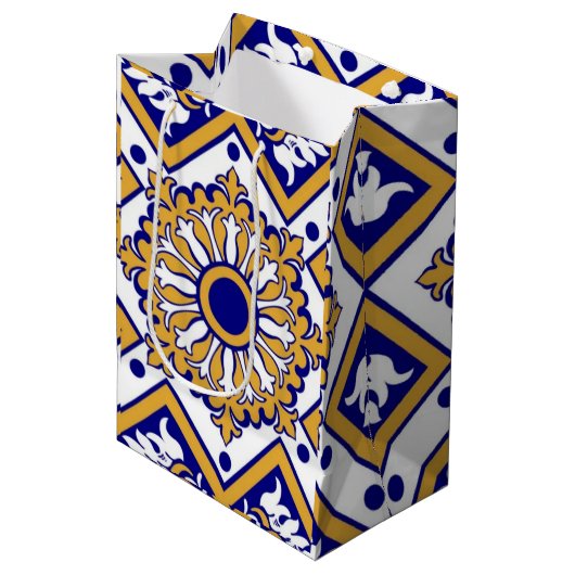 Portuguese Blue Yellow Mediterranean Floral ミディアムペーパーバッグ (正面アングル)