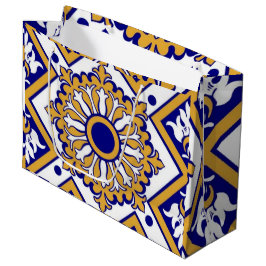 Portuguese Blue Yellow Mediterranean Floral ラージペーパーバッグ