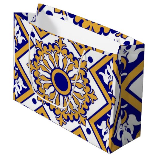 Portuguese Blue Yellow Mediterranean Floral  ラージペーパーバッグ (正面アングル)