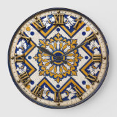 Portuguese Blue Yellow Mediterranean Floral  ラージ壁時計 (正面)