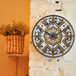 Portuguese Blue Yellow Mediterranean Floral ラージ壁時計