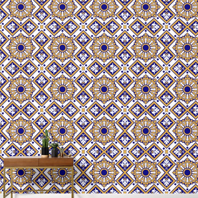 Portuguese Blue Yellow Mediterranean Floral  壁紙 (廊下)