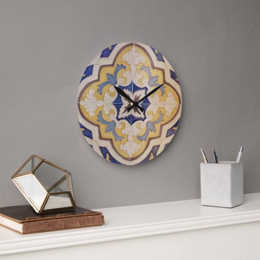 Portuguese Blue Yellow Tile Wall Clock ラージ壁時計 (オフィス)