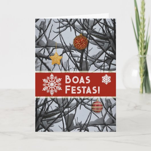 Portuguese Christmas Ornaments on Snowy Branches シーズンカード (正面)