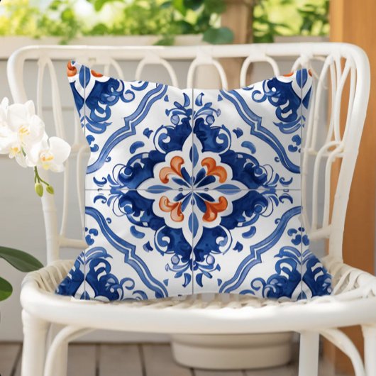 Portuguese Tile Pattern Blue White Orange アウトドアクッション