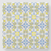 Portuguese Tile Pattern Yellow White Blue ストーンコースター (正面)