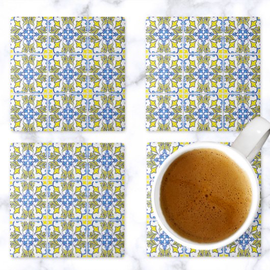 Portuguese Tile Pattern Yellow White Blue ストーンコースター