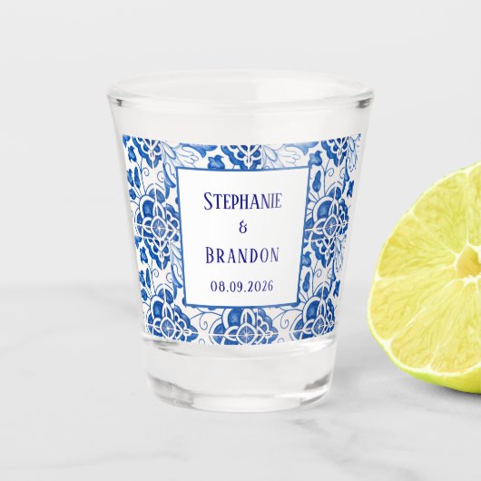 Portuguese Tiles Blue Mediterranean Wedding ショットグラス (正面)