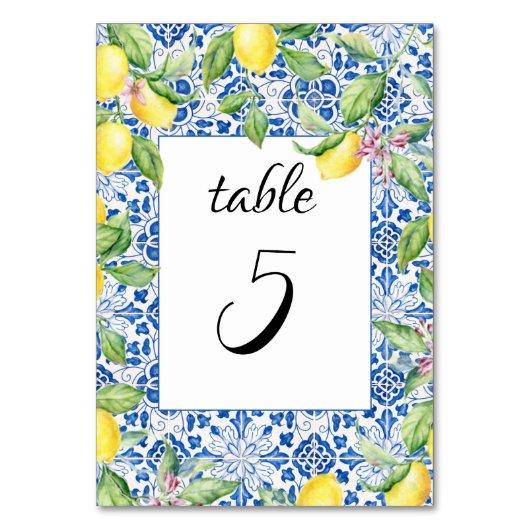 Portuguese Tiles Lemons Mediterranean Wedding テーブルナンバー (正面)