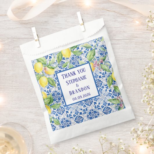 Portuguese Tiles Lemons Mediterranean Wedding フェイバーバッグ (クリップ留めされた状態)