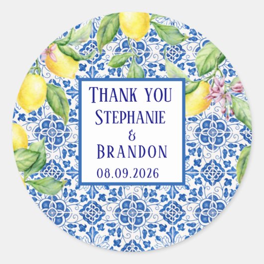 Portuguese Tiles Lemons Mediterranean Wedding ラウンドシール (正面)