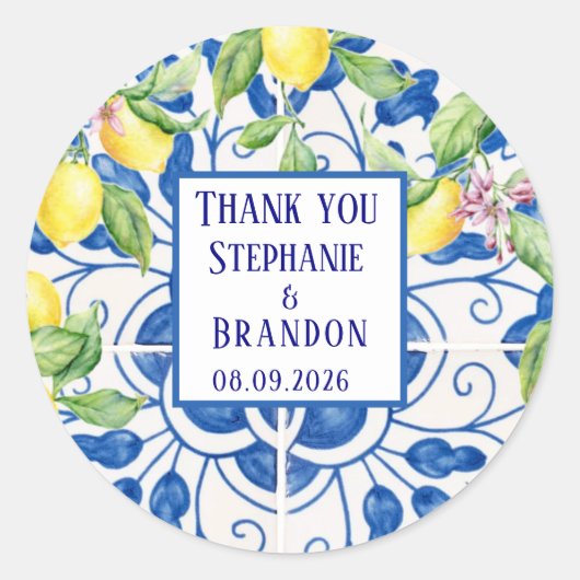 Portuguese Tiles Lemons Mediterranean Wedding ラウンドシール (正面)