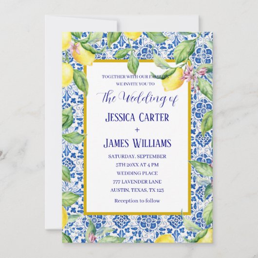Portuguese Tiles Lemons Mediterranean Wedding 招待状 (正面)
