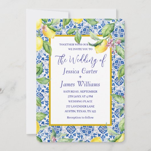 Portuguese Tiles Lemons Mediterranean Wedding 招待状 (正面)