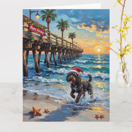 Portuguese Water Dog Christmas Beach Boardwalk カード (黄色い花)