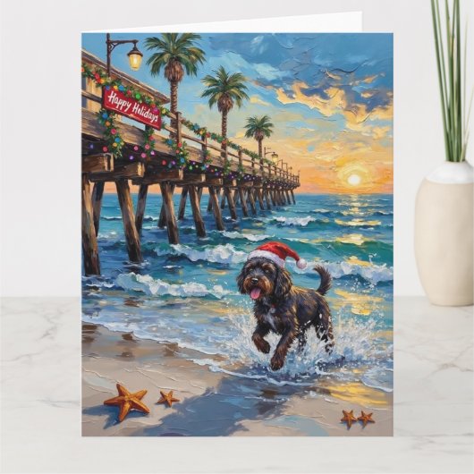 Portuguese Water Dog Christmas Beach Boardwalk カード (正面)
